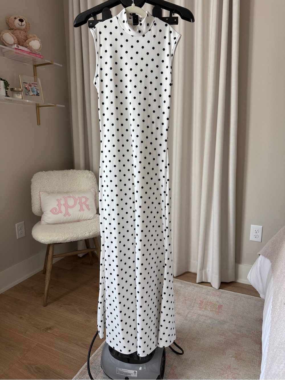 White & black polka dot maxi dress- like new, small